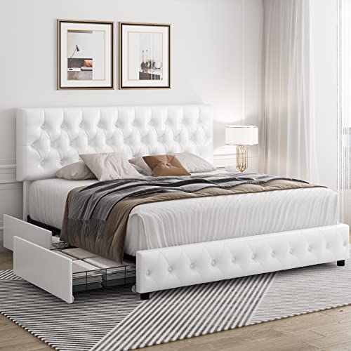 Queen Size Upholstered Platform Bed Frame with 4 Storage Drawers, Modern White Faux Leather Bed with Adjustable Button Tufted Headboard, Solid Wooden Slat Support, Easy Assembly - color: White, size: Queen