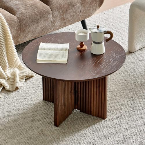 27" Round Coffee Table, Mid Century Modern Coffee Tables with Fluted Base, Wooden Circle Accent Center Table for Living Room Small Space Apartment Office, Walnut - color: Walnut, size: 27" Cross-leg Table