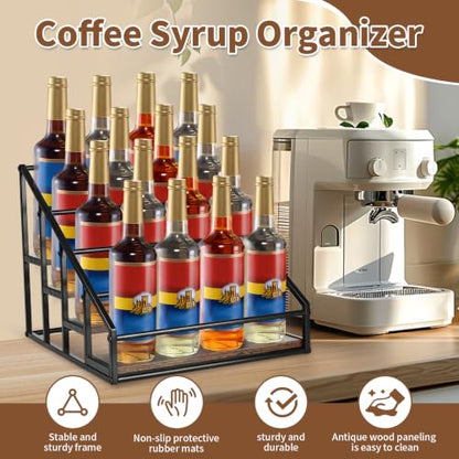 YQBRAO 2-Pack 4-Tier Coffee Syrup Organizer, 32-Bottle Total, Brown | Two racks hold up to 32 bottles total with stepped visibility for large coffee bars, kitchens, and beverage stations. - size: 4 Tier 16 Bottle Syrup Rack - 2 Pack