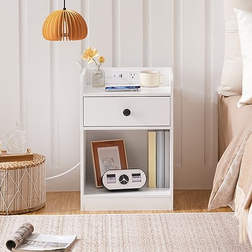 HOOBRO Nightstand with Charging Station, End Table with Drawer and Opening Shelf, Bedside Table with USB Ports and Outlets, Small Night Stand for Bedroom, Simple Style, White WT18UBZ01