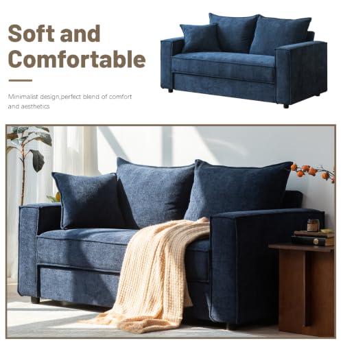 YUHUASHI Linen Fabric Loveseat Sofa, Modern Upholstered 2-Seater Couch with Square Arms and Throw Pillow, Sturdy Small Space Sofa Furniture for Living Room Bedroom Apartment (Blue, 65 Inch W) - color: Blue, size: 65 Inch W