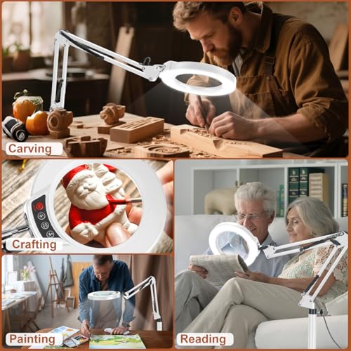 LANCOSC 15X Magnifying Glass with Light and Stand, 3-in-1 Adjustable Swing Floor Lamp, 5 Color Modes Stepless Dimmable, LED Lighted Hands Free Magnifier & Clamp for Reading, Crafts, Painting - White - color: White