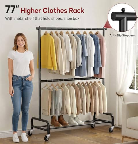SLEEPING LAMB Heavy Duty Clothes Rack with Wheels, Metal Rolling Garment Rack for Hanging Coats, Shirts (Black) - color: Black, style: Double Rod