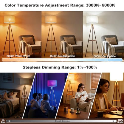 58.3" Mid-Century Tripod Floor Lamp with Shelf, Hidden Wiring, RGB Dimmable Bulb Included, Remote & App Control, Iron Corner Standing Lamp with Linen Shade for Living Room Bedroom