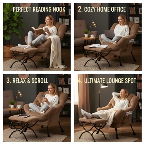 Lazy Chair with Ottoman, Comfy Reading Accent Chair, Velvet Khaki | Foldable Footrest, Padded Seat and Backrest, Side Pocket for Lounging in Living Rooms, Bedrooms, Dorms and Small Spaces - color: Khaki
