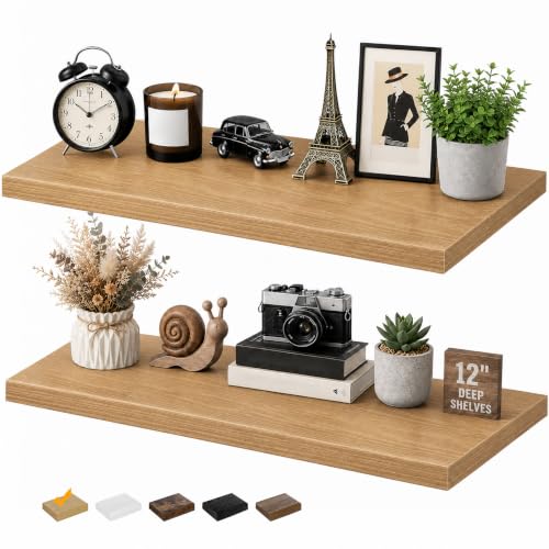 RICHER HOUSE 12 Inch Deep Floating Shelves, 36 Inch Long Wall Shelf, Oak | Rustic Wood Wall Mounted Shelves, Bookshelf Set of 2 with Invisible Bracket for Display Bathroom Bedroom Kitchen Living Room - color: Oak, size: 36in