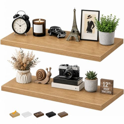 RICHER HOUSE 12 Inch Deep Floating Shelves, 36 Inch Long Wall Shelf, Oak | Rustic Wood Wall Mounted Shelves, Bookshelf Set of 2 with Invisible Bracket for Display Bathroom Bedroom Kitchen Living Room - color: Oak, size: 36in