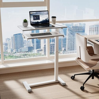 ETHU Overbed Table with Wheels, Medical Table with Drawer, Hospital Bed Table, Workstation Desk, Adjustable Overbed Bedside Rolling Laptop Desk, Marble White | Mobile Table Tray for Sofa Side, Hospital Bed Workstation Table for Home and Office Laptop Use,