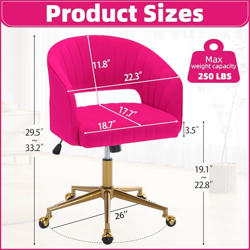 Desk Chair with Wheels, Gold Base, Velvet Accent Vanity Armchair, Hot Pink | Spacious‌ Soft Seat, Swivel Height Adjustable, Rocking Function, Modern Stripe for Girls &Women Bedroom Makeup or Nail - color: Hot Pink Velvet