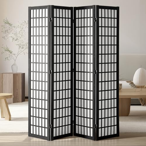 VEVOR Room Divider, 4 Panel Japanese Room Divider, Wood Folding Privacy Screen Indoor, Japanese Partition Dividers Portable Decoration Screens, for Room Separation Home Office Restaurant & Bedroom - color: Black, size: 4 Panel