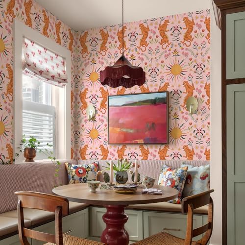 Pink Tiger Peel and Stick Wallpaper - Tropical Tiger Boho Removable Self Adhesive Jungle Animal Wall Paper for Bedroom, Living Room, Nursery Waterproof DIY Wall Decor (17.3" x 480") | Waterproof Removable Self Adhesive Wallpaper, Boho Jungle Animal Contac