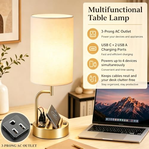 Dreamholder 2 Pack Table Lamp, Bedside Lamp with 3 USB Charging Ports & AC Outlet, USB Desk Lamp with 2 Phone Holders, Linen Fabric Shade Nightstand Lamps for Bedroom Living Room Office, Gold - color: Gold
