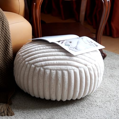Unstuffed Pouf Ottoman Round Pouf Cover Soft Bean Bag, Beige | Cover Only, 20x20x8 In, Soft Short Plush, Ribbed Texture, Modern Style, Living Room, Bedroom, Reading Nook - color: Beige B