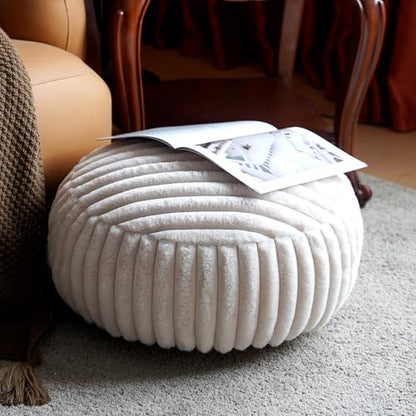 Unstuffed Pouf Ottoman Round Pouf Cover Soft Bean Bag, Beige | Cover Only, 20x20x8 In, Soft Short Plush, Ribbed Texture, Modern Style, Living Room, Bedroom, Reading Nook - color: Beige B