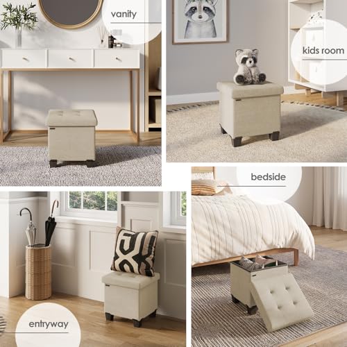 Storage Ottoman Cube with Small Bin, 15-in Square Ottoman with Storage for Living Room and Bedroom, Small Ottomans Foot Rest, Fabric Foot Stools Ottomans Max 330lbs, Beige - color: 08 - Beige