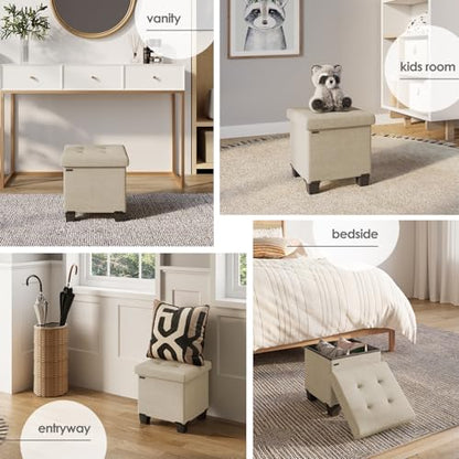 Storage Ottoman Cube with Small Bin, 15-in Square Ottoman with Storage for Living Room and Bedroom, Small Ottomans Foot Rest, Fabric Foot Stools Ottomans Max 330lbs, Beige - color: 08 - Beige