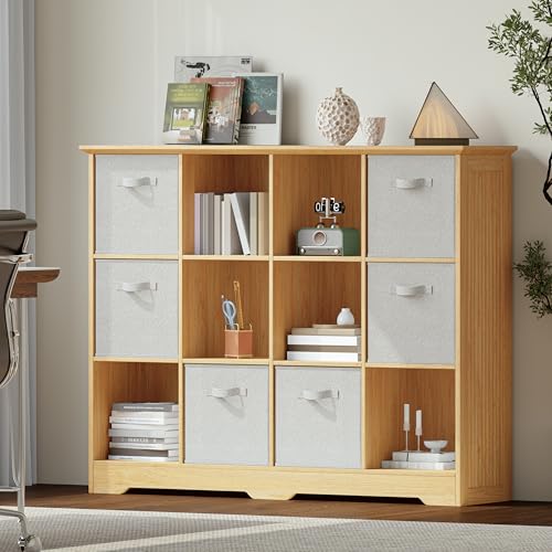 VORONOI 12 Cube Storage Organizer with 6 Fabric Drawers and Removable Shelves — Modular Cube Bookshelf for Bedroom, Living Room, or Home Office, Short Cube Bookcase for Toys, Decor,Natural Wood - color: Natural Wood, size: 12-Cube