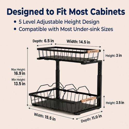 Under Sink Organizer with Motion-Activated LED Lights, 2 Pack, 2 Tier Sliding L-Shaped Carbon Steel Rack with Adjustable Height, Dividers & Hooks (Black) - color: Black