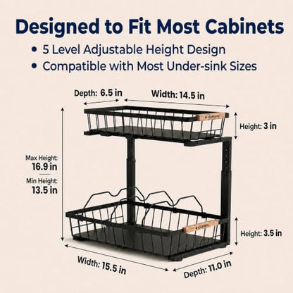 Under Sink Organizer with Motion-Activated LED Lights, 2 Pack, 2 Tier Sliding L-Shaped Carbon Steel Rack with Adjustable Height, Dividers & Hooks (Black) - color: Black
