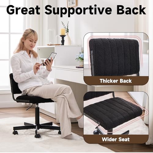 Office Chair Vanity Chair with Wheels | Comfy Desk Chair with Back | Cute Teddy Armless Adjustable Swivel Chair | Small Vanity Stool | for Bedroom Home Computer Task | Black - color: Black
