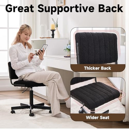 Office Chair Vanity Chair with Wheels | Comfy Desk Chair with Back | Cute Teddy Armless Adjustable Swivel Chair | Small Vanity Stool | for Bedroom Home Computer Task | Black - color: Black