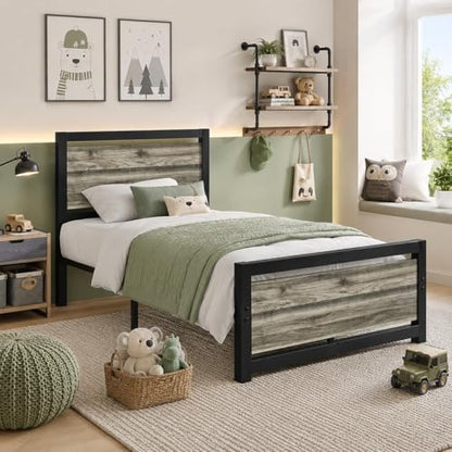 Twin Size Bed Frames, Twin Bed Frames with Headboard and Footboard, Heavy Duty Metal Twin Platform Bed Frame, Noise-Free, No Box Spring Needed, Easy Assembly, Wash Grey - color: Wash Grey, size: Twin