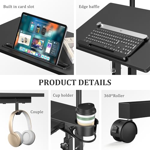 Enayplon Small Standing Desk with Wheels, Mobile Stand Up Desk, Portable Standing Table on Wheels for Walking Pad, Rolling Computer Desk Adjustable Height, Tall Table - color: Black