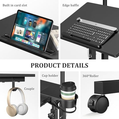 Enayplon Small Standing Desk with Wheels, Mobile Stand Up Desk, Portable Standing Table on Wheels for Walking Pad, Rolling Computer Desk Adjustable Height, Tall Table - color: Black