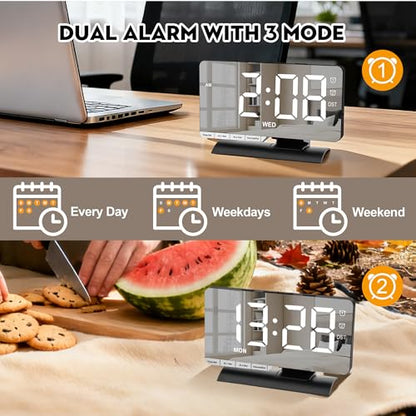 Digital Clock,Alarm Clock Bedside,7.3'' Large LED Mirror with Date Display,Dual Alarm with 3 Mode,Brightnee Adjust,DST,Snooze Function,USB C Charging Port,5 Levels Volume for Desk Bedroom Teens - color: Black