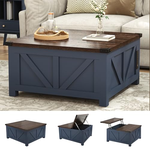 jimeimen Farmhouse Lift Top Coffee Table with Storage, Wood Square Center Table with Charging Station&USB Port, Living Room Table w/Large Hidden Space, for Living Room, Bedroom, Home Office, Blue - color: Blue