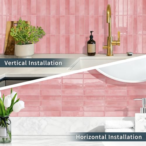 10 Sheets Upgraded Thicker Design Subway Tile Peel and Stick Backsplash | 12”×12”Self Adhesive Wall Tiles Stick on Back Splash for Kitchen,Bathroom,Camper(Pink) - color: Pink