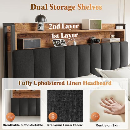 Bed Frame Queen Size with Upholstered Headboard & Charging Station, Queen Bed Frame with 4 Storage Drawers, 2-Tier Open Shelves, No Box Spring Needed, Slient Foam Strip, Easy Assembly, Black - color: Rustic Brown and Black, size: Queen