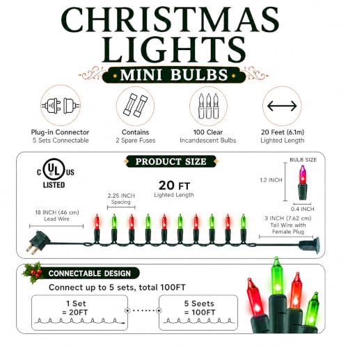 TW SHINE Christmas Mini String Lights, 20FT 100 Count Incandescent Mini Christmas Tree Lights, Waterproof Xmas String Lights for Outdoor Indoor Home Party Yard Decorations, Red and Green - color: Red and Green