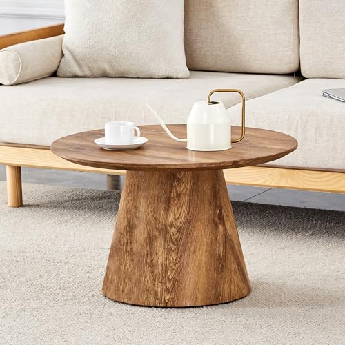 Wood Coffee Table, 23.6" Small Coffee Table, Natural Wood Grain Round Tabletop with Wooden Cone Base, Round Living Room Table with Adjustable Feet, Mid Century Center Table for Apartment,Small Space - color: 23.6" Wood Coffee Table