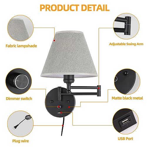 Swing Arm Wall Lamp.Wall Mount lamp with Dimmable Switch.Plug in Wall Sconces with USB Charging Port. Black Sconces Wall Lighting Suitable for Bedroom,Living Room. - color: Black