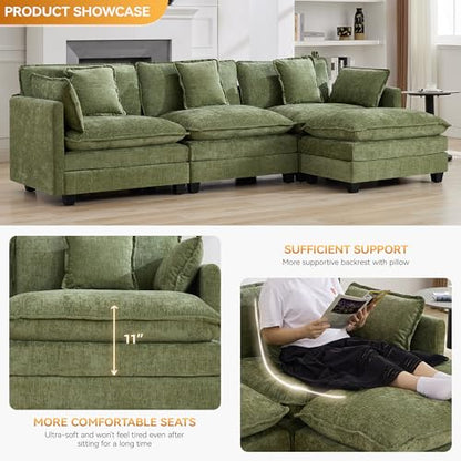 111'' Cloud Deep Seat Sectional Couch, Modern Comfy Chenille L Shaped Sectional Sofa with Movable Ottoman, Upholstered Modular 4-Seater Sofa Couch for Living Room, Green - color: Green, size: 111'' L Shape