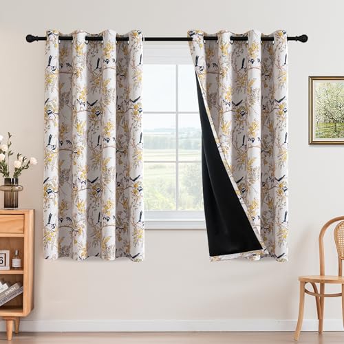 H.VERSAILTEX 꽃무늬 100% 암막 커튼 160cm(63인치) 길이 2패널 빈티지 커튼 드레이프 빛 차단 그로밋 패턴 단열 옐로우 플라워 커튼 거실용 머스타드/블랙 - color: 머스타드/블랙, size: 52"W x 63"L (Pack of 2)