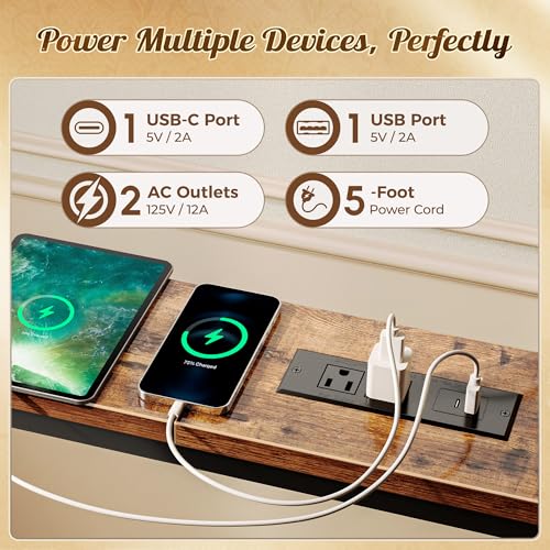 Huuger 133.9 Inch Sofa Table with Power Outlets, Skinny Behind Couch Table | 5.9 Inch Narrow Entryway Table, Extra-Long Console Table, Behind the Couch Table with Outlet for Living Room, Rustic Brown - color: Rustic Brown, size: 5.9"D × 133.9''W × 29.7''H