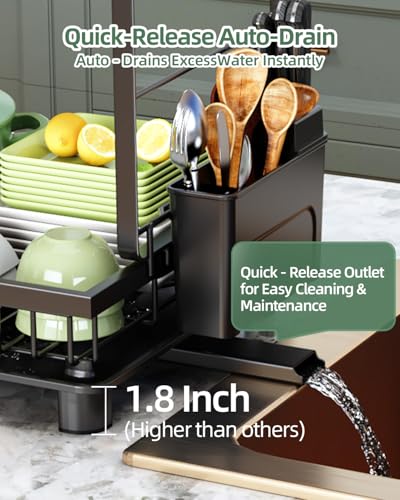 Dish Drying Rack, 2 Tier Space-Saving Dish Rack, Multifunctional Dish Drainer for Kitchen Counter with Drainboard/Utensil/Cup Holder Rustproof Carbon Steel, Black - color: Black