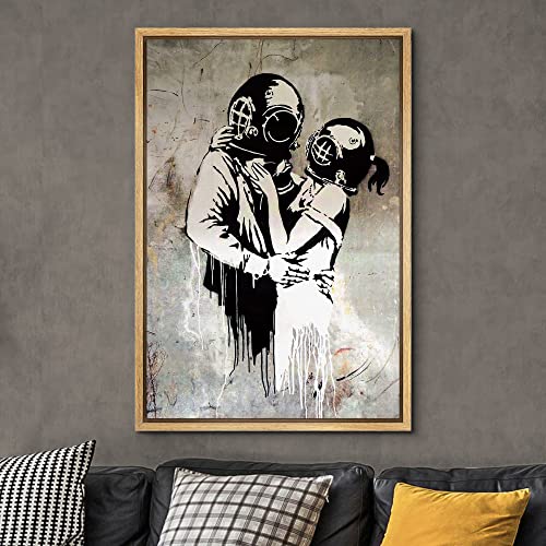 wall26 Framed Canvas Print Wall Art Banksy British Artist Deep Sea Diver Lovers Spray Paint Graffiti & Street Art Urban Illustration Modern Art Boho for Living Room, Bedroom, Office - 16"x24" Natural - color: A12-2204-ma0511, size: 24"L x 16"W