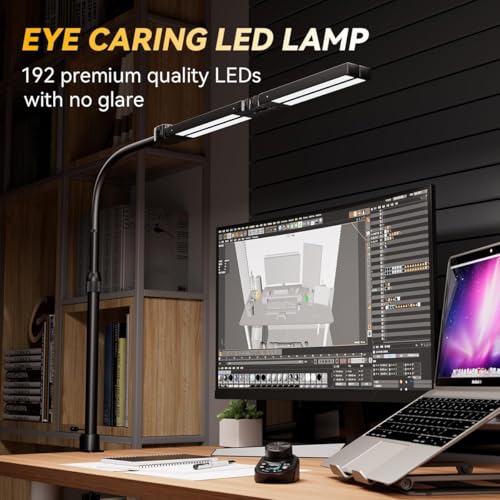 Adjustable LED Desk Lamp with Clamp, 4-Head Eye-Caring CRI95+ Desk Light, Stepless Dimming & Color Temp Remote Control, Flexible Neck, 5-Mode for Reading, Computer, Crafting, 90" Wide Desk Coverage - color: Black