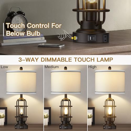 Modern Table Lamps Set of 2, Industrial 3-Way Dimmable Bedside Lamp with USB A+C Ports & AC Outlet, 25" Touch Control Nightstand Lamp LED Night Light for Living Room Bedroom Home(4 Bulbs Included) - color: Black-1