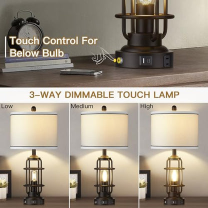 Modern Table Lamps Set of 2, Industrial 3-Way Dimmable Bedside Lamp with USB A+C Ports & AC Outlet, 25" Touch Control Nightstand Lamp LED Night Light for Living Room Bedroom Home(4 Bulbs Included) - color: Black-1