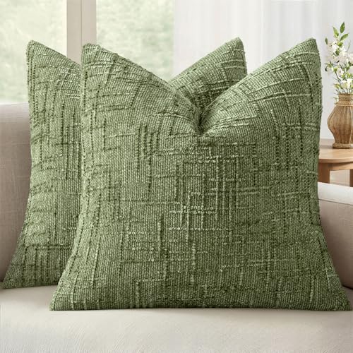 MIULEE Chenille Textured Throw Pillow Covers Sage Green 18x18 Set of 2 | Slubby Decorative Pillows, Boho Farmhouse Home Decor, Modern Neutral Cushion Covers for Couch Sofa Bed Living Room - color: Sage Green, size: 18" x 18" (Pack of 2)