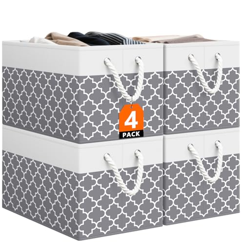 StorageTastic Storage Bin,Collapsible Storage Basket For Organizing,Large | Storage Boxes With Rope Handles,Storage Containers,Clover Grey,4 Pack - color: Clover Grey, size: 15" X 10" X 9.5" (4 Pack)
