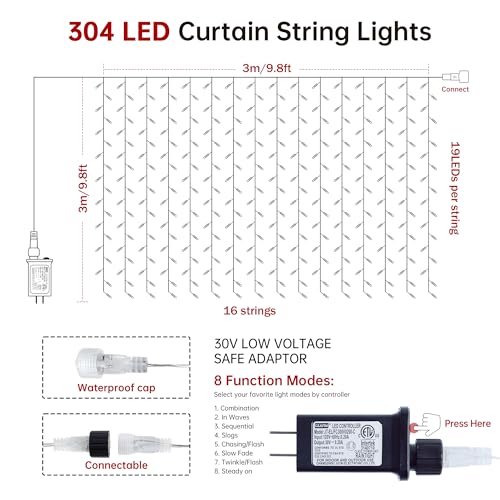 HEYFUNi 304 LED Curtain Lights Outdoor, 9.8FT x 9.8FT Warm White | Hanging String Lightsfor Dorm Room, Plug in, 8 Modes Connectable Fairy Lights for Bedroom, Christmas, Backdrop, Wedding Decor - color: Warm White, size: 9.8ft*9.8ft