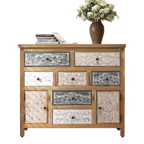 Solid Wood Accent Chest Storage Cabinet with Carved Door and Drawers | Storage Drawers,Solid Wood Material,Hand-Carved Finish,Hallway/Entryway or Living Room,Boho/French Country Style;Natural Wood - color: Natural Wood-36"tall