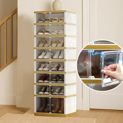 SYNCVIBE Foldable Shoe Rack, 9-Tier, 18 Pairs, 17.3" Wide, White Gold | Foldable Shoe Organizer, Collapsible Shoe Cabinet with Doors, Stackable Shoe Shelves for Closet, Entryway and Living Room - size: 9 Tiers -18 Pairs White Gold