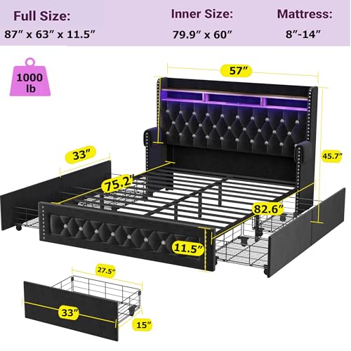 Ailisite Full Size Bed Frame with 4 Storage Drawers,Velvet Upholstered Full Platform Bed with Charging Station and Bookcase Storage Headboard, Led Full Bed Frame, No Box Spring Needed,Black - color: Black, size: Full