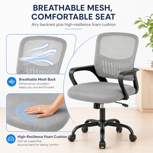 Ergonomic Office Chair, Home Office Desk Chair, Game Chair with Lumbar Support, Breathable Mesh Chairs, Swivel Desk Chairs for Computer, Home, Office, 360° Swivel (Grey) - color: Grey With Fixed Armrest
